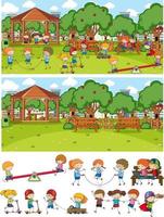 Different playground scenes with doodle kids cartoon character vector