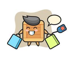 wooden box mascot cartoon holding a shopping bag vector