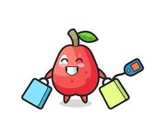 water apple mascot cartoon holding a shopping bag vector