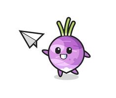 turnip cartoon character throwing paper airplane vector