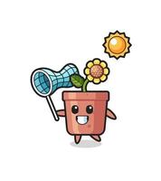 sunflower pot mascot illustration is catching butterfly vector