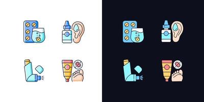 Improving disease symptoms light and dark theme RGB color icons set vector