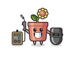 Character mascot of sunflower pot as a welder vector