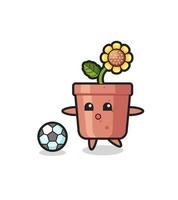 Illustration of sunflower pot cartoon is playing soccer vector