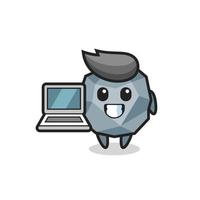 mascota, ilustración, de, piedra, con, un, computadora portátil vector