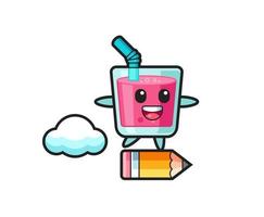 strawberry juice mascot illustration riding on a giant pencil vector