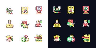 tipos de juegos de lotería conjunto de iconos de color rgb de tema claro y oscuro vector