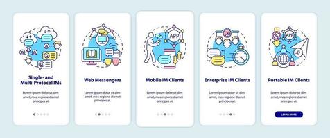 Instant messaging software types onboarding mobile app page screen vector