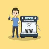 hombre con cafe y maquina de cafe vector