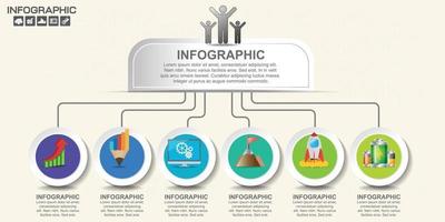 Plantilla de infografía con diagrama de proceso de flujo de trabajo de 6 elementos. vector