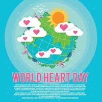 Earth and hearts vector banner or poster with world heart day concept.