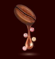Coffee drops and vitamins. On a brown background. 3D vector realistic.