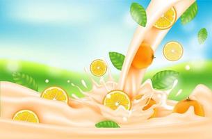 Orange milk with splashes realistic, Vitamin rich juices for health. vector