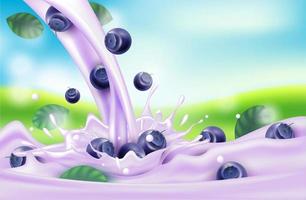 Blueberry milk with splashes realistic. vector