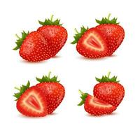 Set of realistic fresh strawberry with leaves, fruit cut in half. vector