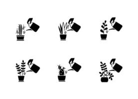 Iconos de glifos negros de cuidado de plantas de interior en espacio en blanco vector
