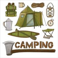 Set of watercolor painted camping supplies clipart. Hand drawn vector