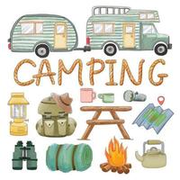 Set of watercolor painted camping supplies clipart. Hand drawn vector