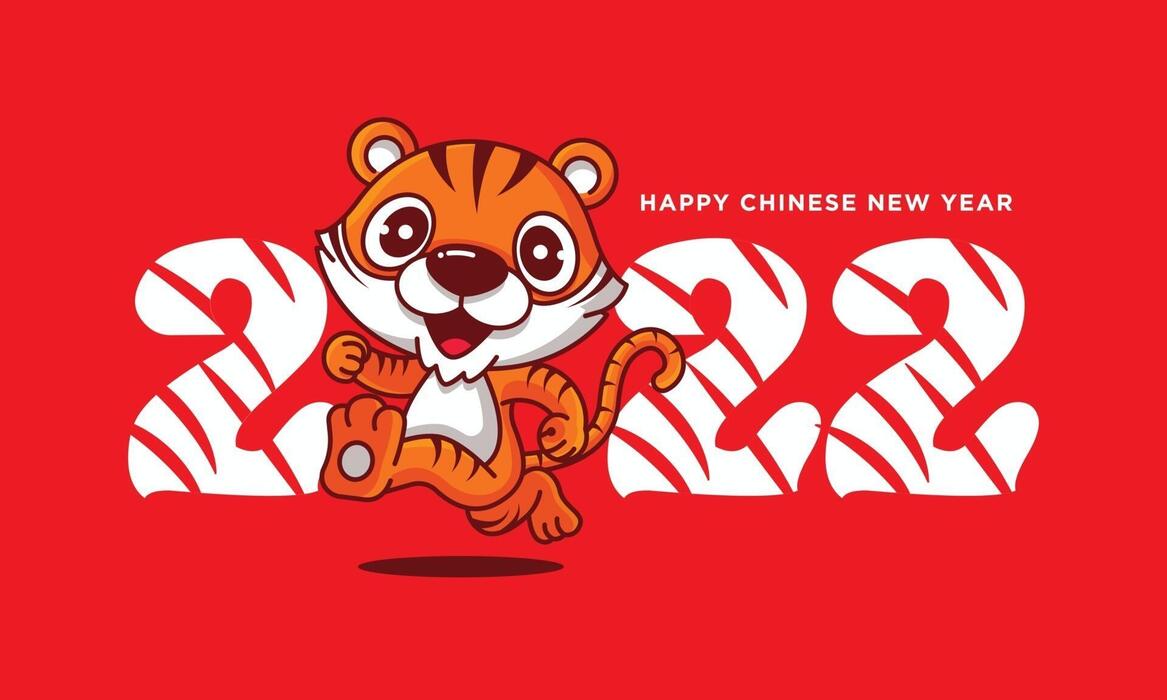 Happy Chinese New year 2022. Cartoon happy tiger greeting gesture