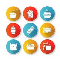 paquetes de comida para llevar diseño plano larga sombra glifo conjunto de iconos vector