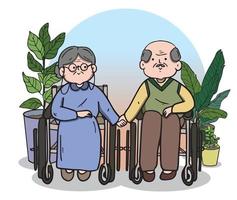 Senior Man and woman sitting on wheelchair. vector