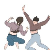 Two girls jumping in the air Hand-drawn character happy friends. vector