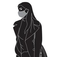 young women in coat and mask character silhouette on white background vector