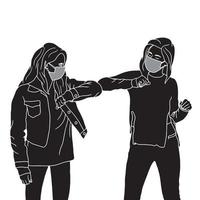 friends elbow touch friends in mask silhouette on white background, vector