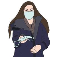 Vector character with mask hand drawn illustration - virus protection.