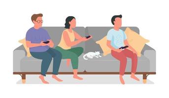 Parents and teen relaxing with video game semi flat color characters vector