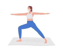 Girl participating in yoga session semi flat color vector character