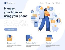 Finance website landing page with smartphone app. vector