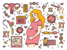 embarazo ambientado en estilo doodle, cuidado prenatal vector