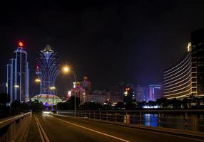 Urban view of casino buildings at night in Macau city China photo