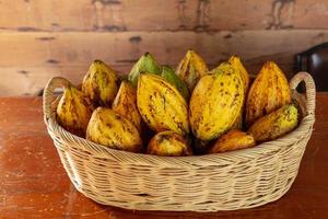 Fresh cocoa fruit in a basket photo