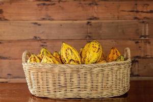 Fresh cocoa fruit in a basket photo