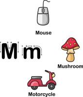 alfabeto letra m-mouse, hongo, motocicleta ilustración vectorial vector