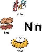 letra del alfabeto n-nota, nuez, ilustración de nido vector