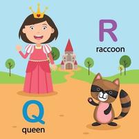 Ilustración aislada letra del alfabeto q-queen, r-raccoon vector