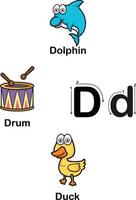 alfabeto letra d-delfín, tambor, pato ilustración vectorial vector