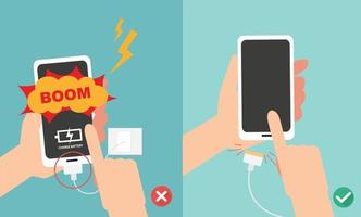 Do not play smart phone in charging battery  illustration. vector