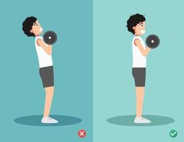 man wrong and right dumbbell curl posture,vector illustration vector