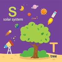 Ilustración aislada alfabeto letra s-sistema solar, t-árbol vector