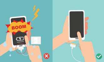 Do not play smart phone in charging battery with wet hands vector