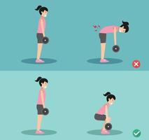 Woman wrong and right deadlift posture,illustration vector