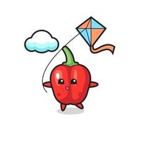 red bell pepper mascot illustration is playing kite vector