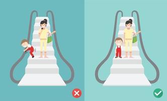 hacer y no hacer escaleras mecánicas, ilustración. vector