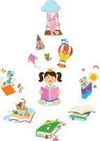 little girl reading the book, illustration. vector