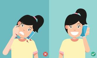 Wrong and correct positions for talking via smart phone illustration vector