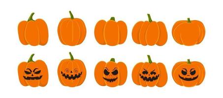 Set of ripe orange pumpkins and with creepy faces vector